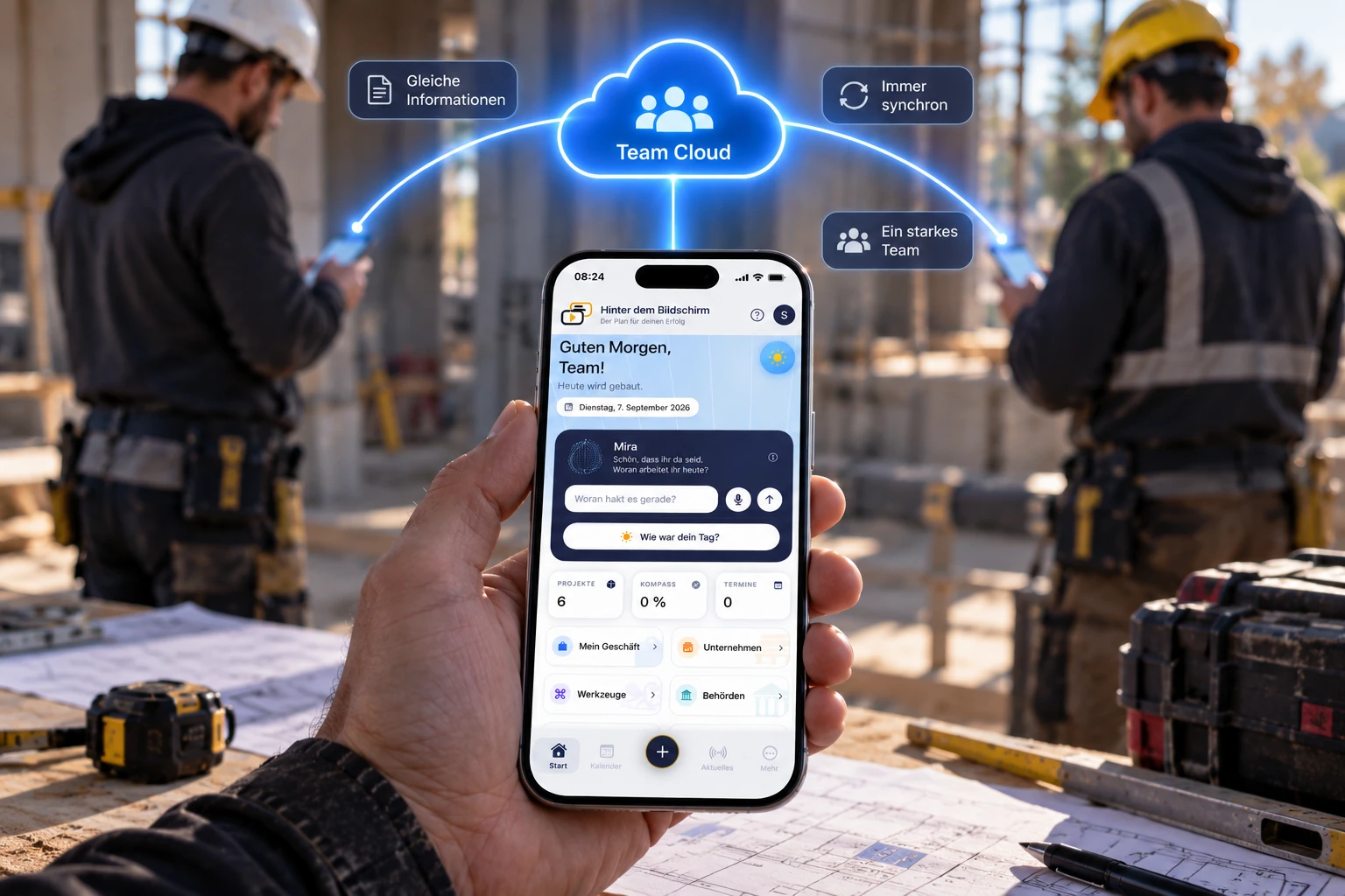 Team Cloud verbindet die Kompass-App mit den Geräten der beiden Mitarbeitenden auf einer Baustelle