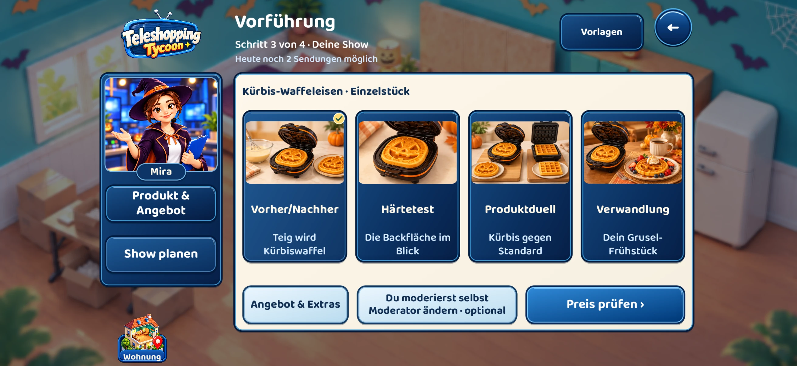Vier unterschiedliche Vorführmotive für das Kürbis-Waffeleisen in der Sendungsplanung