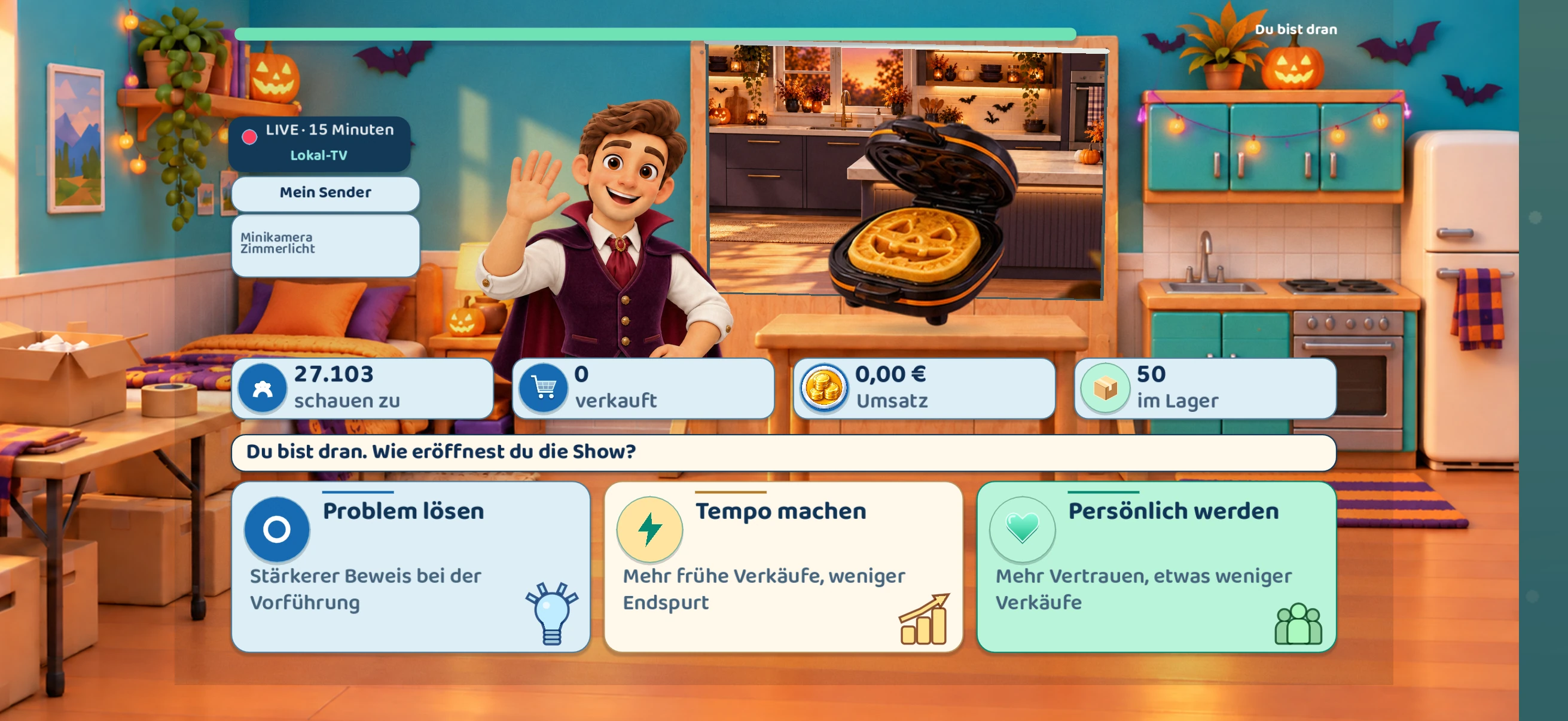 Halloween-Sendung mit kostümierter Spielerfigur, Kürbis-Waffeleisen und passendem Vorführungshintergrund